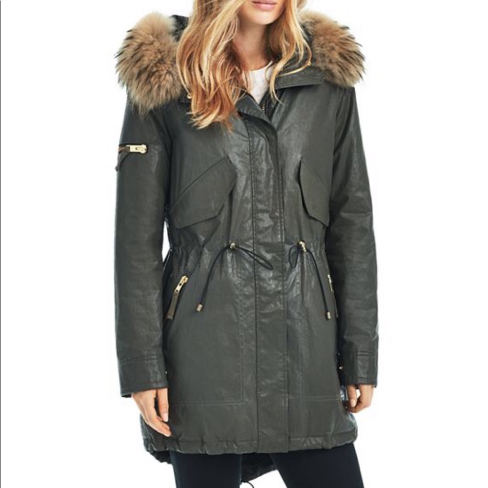 SAM. Fur trimmed parka; Military green, size M